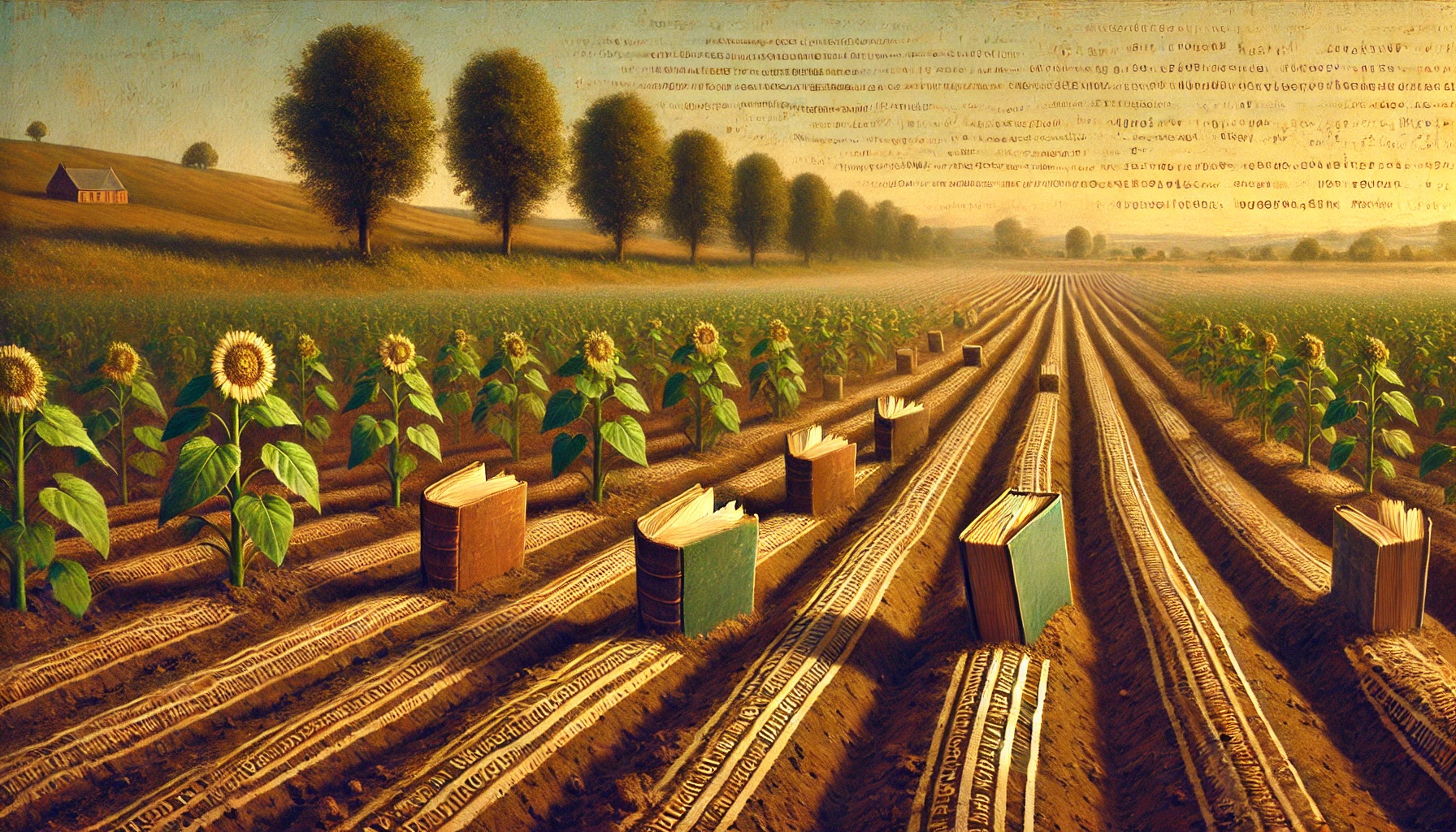 image générée par ChatGPT à partir du prompt : génère une image représentant un champs dans lequel poussent des bouts codes et avec des livres volant dans le ciel dans le style de JF Millet